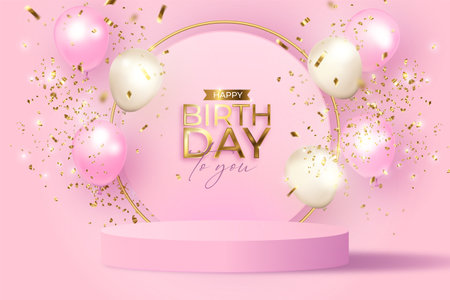 elegant birthday background with realistic podium vector design illustrationのイラスト素材