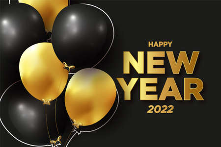 happy new year banner with realistic 3d balloons golden text background vector design illustration