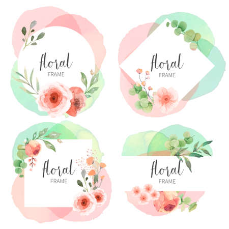 floral frame collection with watercolor splashes vector design illustrationのイラスト素材