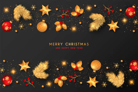 christmas background with golden red decoration design vector illustrationのイラスト素材