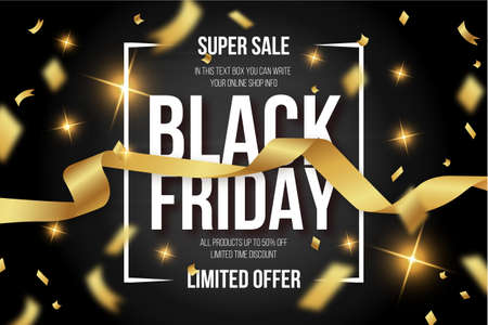 modern black friday banner with golden confetti design vector illustrationのイラスト素材