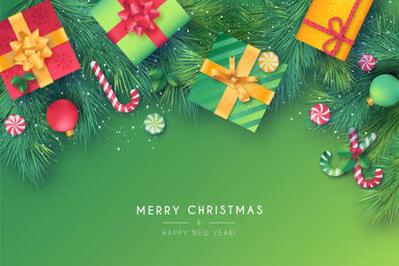 lovely christmas frame with green red ornaments design vector illustrationのイラスト素材