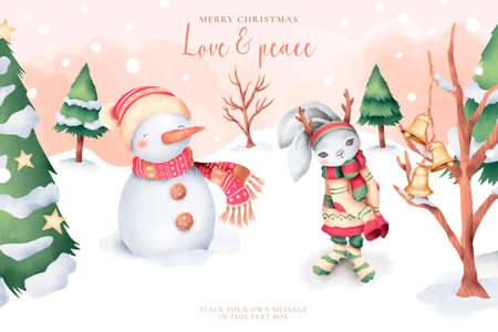 lovely watercolor christmas card with cute characters design vector illustrationのイラスト素材