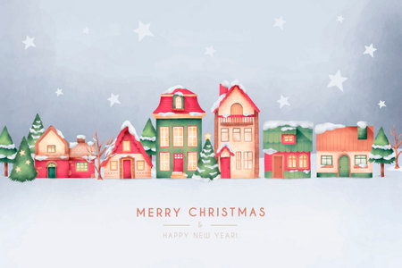 cute christmas town card watercolor style design vector illustrationのイラスト素材