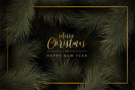 realistic christmas background with golden frame leaves design vector illustrationのイラスト素材