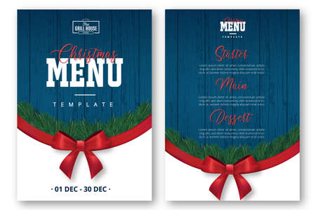 modern christmas menu template with red ribbon design vector illustrationのイラスト素材
