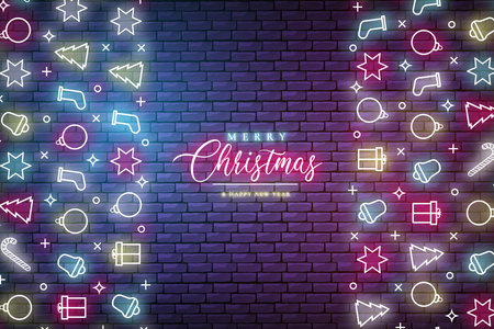 modern christmas banner with neon lights design vector illustrationのイラスト素材