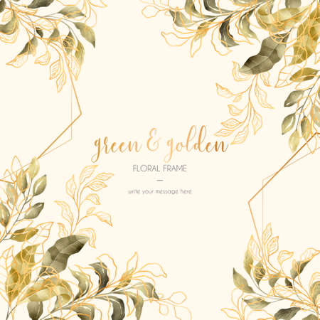 vintage floral frame with golden green leaves vector design illustrationのイラスト素材