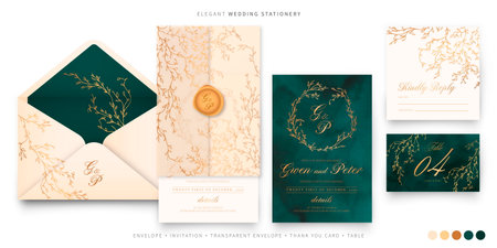 elegant wedding set green beige gold design vector illustrationのイラスト素材