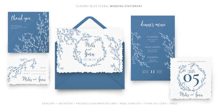 elegant blue floral wedding stationeryのイラスト素材