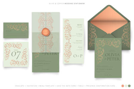 ornamental wedding stationery olive copper color paletteのイラスト素材