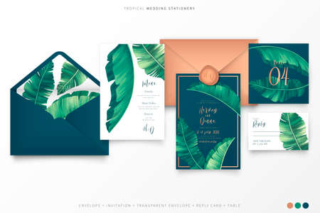 tropical wedding stationery with elegant palm tree leaves design vector illustrationのイラスト素材