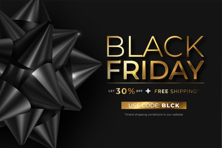realistic black friday banner with black bow golden textのイラスト素材