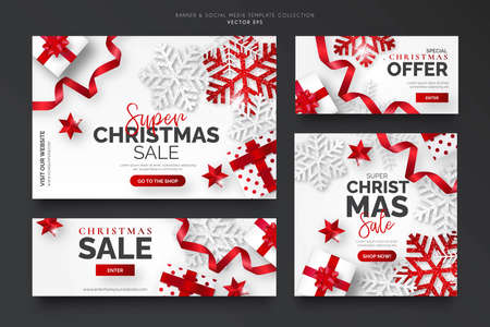 white and red christmas sale banner template collection design vector illustrationのイラスト素材