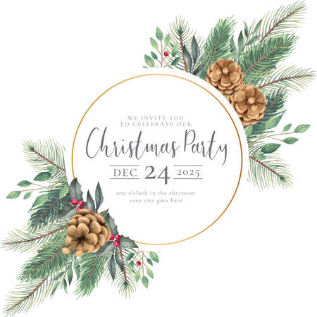 elegant christmas frame with watercolor nature invitationのイラスト素材