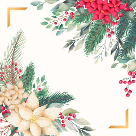 golden christmas card template with watercolor natureのイラスト素材