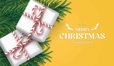 merry christmas banner background with realistic gifts vector design illustrationのイラスト素材
