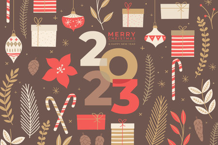 happy new year 2023 Christmas background with hand drawn ornaments vector design illustrationのイラスト素材