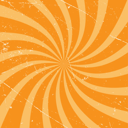 Groovy retro swirl sun burst vintage banner background vector. Vintage yellow and orange color tones background with oldie texture. Use for background, website, wallpaper. Vector Ilustrationのイラスト素材