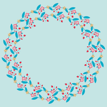 Colorful flowers on round frame on light blue background have copy space for putting texts. Used as wallpaper, background, card, printing. Vector Ilustration.のイラスト素材