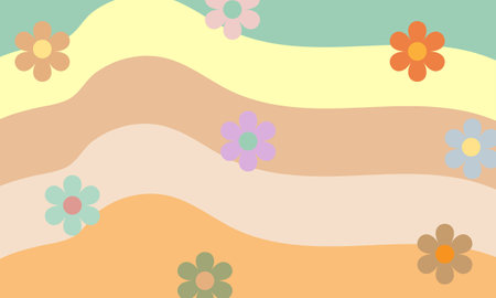 Retro wavy seamless pattern of green,yellow, nudge, pink and orange retro style with flowers wallpaper. Vector Ilustration. Used as wallpaper, Background, banner, website, wrapping pager, fabricのイラスト素材