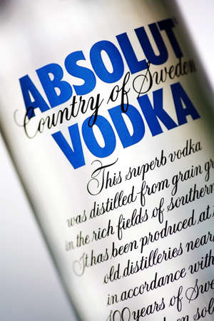 Bucharest, Romania - June 25, 2011: Close-up shot of a  one liter bottle of Absolut Vodka. Absolut Vodka is a brand of vodka, produced near Ahus, Skane, in southern Sweden.のeditorial素材