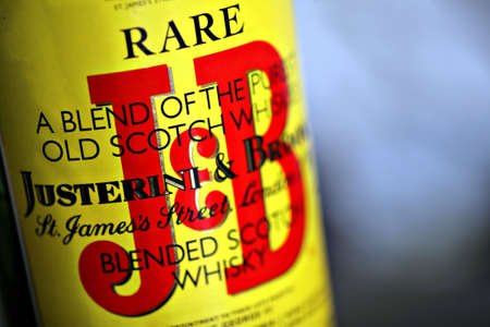 Bucharest, Romania - October 4, 2011: Close-up shot of a bottle of J&B (Justerini & Brooks) Scotch...