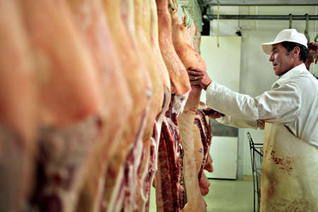 Bucharest, Romania - December 19, 2011: A butcher slices meat in Bucharest, Romania.のeditorial素材