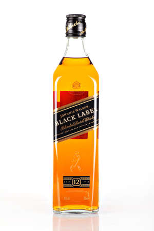 Bucharest, Romania - April 17, 2012: Close-up shot of a bottle of Johnnie Walker whiskey. Johnnie Walker is a brand of Scotch Whisky owned by Diageo and originated in Kilmarnock, Ayrshire, Scotland.のeditorial素材
