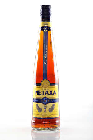 Bucharest, Romania - April 17, 2012: Close-up shot of a bottle of Metaxa. Metaxa is a Greek...