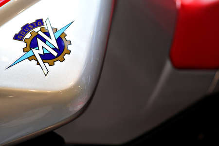 Bucharest, Romania - April 22, 2012: MV Agusta logo is displayed on a motorcycle tank during an...