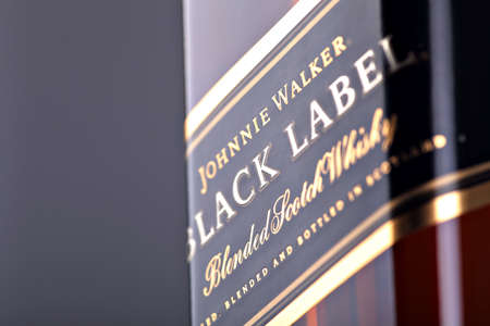 Bucharest, Romania - April 17, 2012: Close-up shot of a bottle of Johnnie Walker whiskey. Johnnie Walker is a brand of Scotch Whisky owned by Diageo and originated in Kilmarnock, Ayrshire, Scotland.のeditorial素材