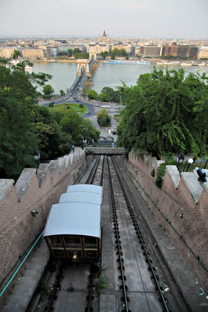 Budapest, Hungary - July 4, 2012: Touristic rail train route seen from top of royal castle hill in Budapest, Hungary. のeditorial素材