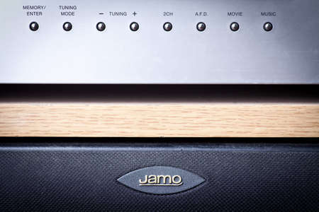 Bucharest, Romania - September 10, 2012: Horizontal shot of some knobs from a stereo amplifier with Jamo speakers. The Jamo brand, owned by Klipsch Group produces speakers and electronics.のeditorial素材
