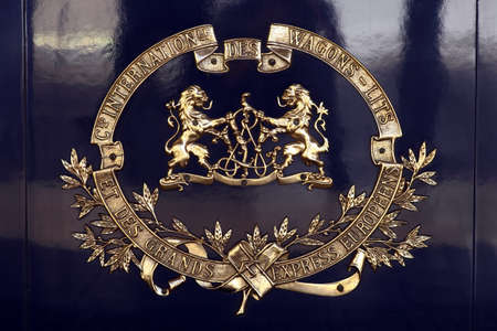 Bucharest, Romania - September 3, 2012: Detail on one of the wagons of the Orient Express train, shortly after arriving in Bucharest. The Venice Simplon-Orient-Express, is a private luxury train service, known as the Orient Express.のeditorial素材