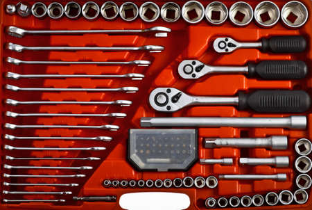 Lots of tools arranged in a tollboxの写真素材