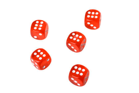 Five red dices displaying  six  isolated on white