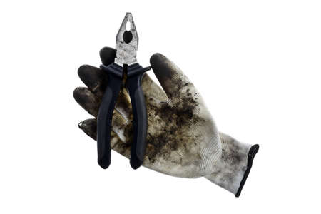 A dirty glove, pliers, on white