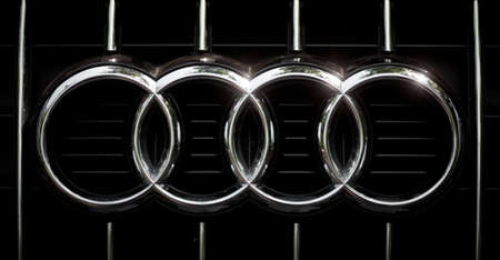Bucharest, Romia - May 20, 2013: Detail of logo of Audi, a German automobile manufacturer.のeditorial素材