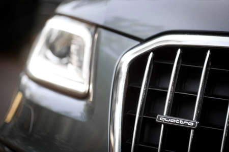 Bucharest, Romania - May 20, 2013: Detail with the front part of an Audi quattro car. The Audi Quattro is a road and rally car, produced by the German automobile manufacturer Audi.のeditorial素材
