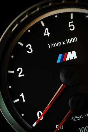 Bucharest, Romania - July 4, 2013: Detail of the tachometer of a BMW M3 car. The BMW M3 is a high-performance version of the BMW 3-Series, developed by BMW's motorsport division, BMW M.のeditorial素材