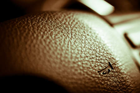 Close up shot of the horn button on a car's steering wheelの写真素材