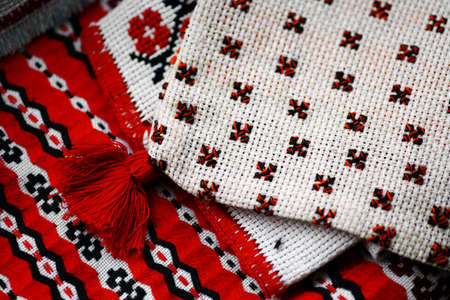 Close up color shot of a traditional Romanian weaved cloth