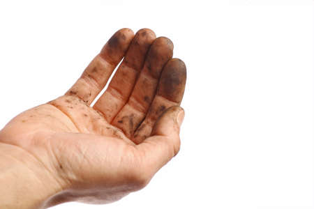 Detail of a dirty hand, isolated on white.の写真素材