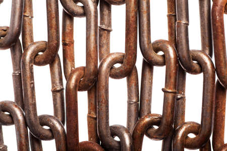 Color detail of some rusty chains, on white.