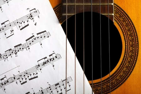 A classical guitar and a music sheet.のeditorial素材