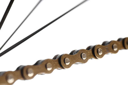 Color detail on a chain from a bicycle.