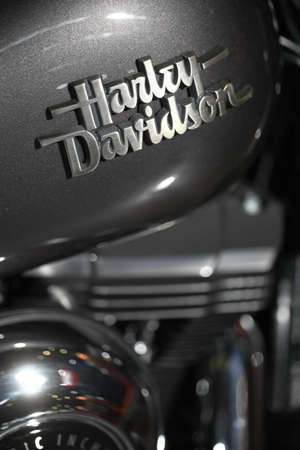 Bucharest, Romania - April 4, 2014: The tank of a Harley-Davidson motorcycle is displayed at a motorcycle show in Bucharest, Romania.Harley-Davidson Inc., is an American motorcycle manufacturer, founded in Milwaukee, Wisconsin,のeditorial素材