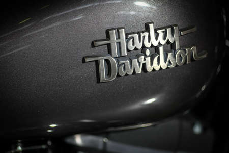 Bucharest, Romania - April 4, 2014: The tank of a Harley-Davidson motorcycle is displayed at a motorcycle show in Bucharest, Romania.Harley-Davidson Inc., is an American motorcycle manufacturer, founded in Milwaukee, Wisconsin.のeditorial素材