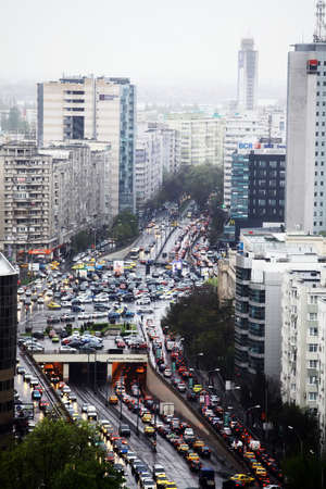 Bucharest, Romania - April 10, 2014: High angle view of traffic in Bucharest, in one of Bucharest's...